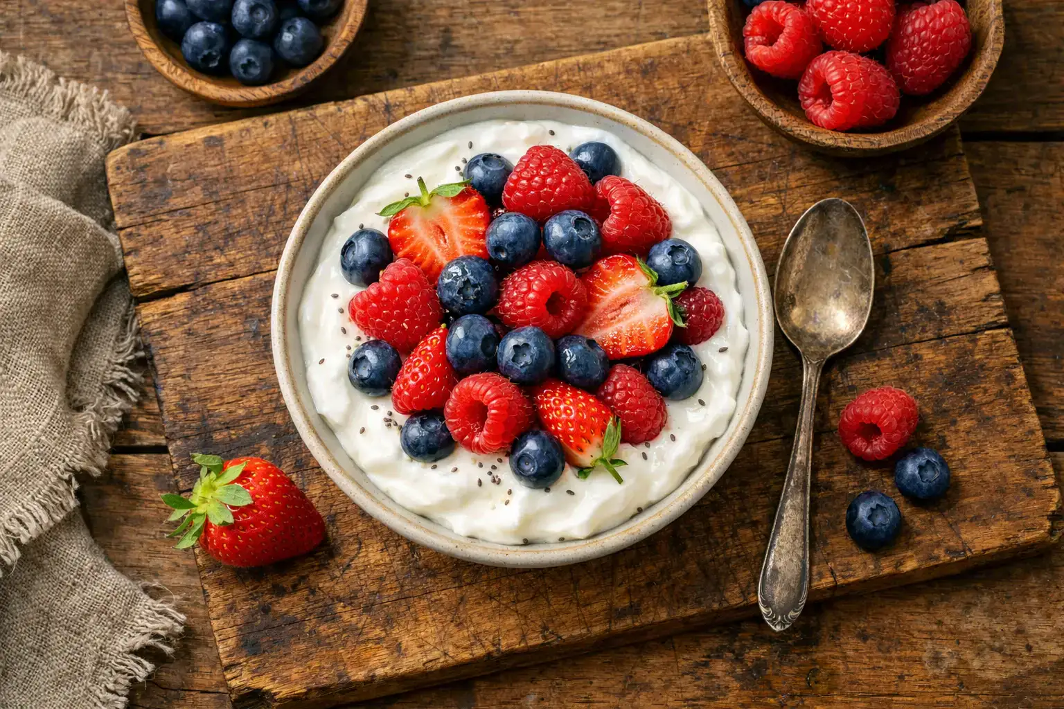 Skyr fresco con bayas sobre mesa rústica de madera - 120 calorías por porción de 170 g