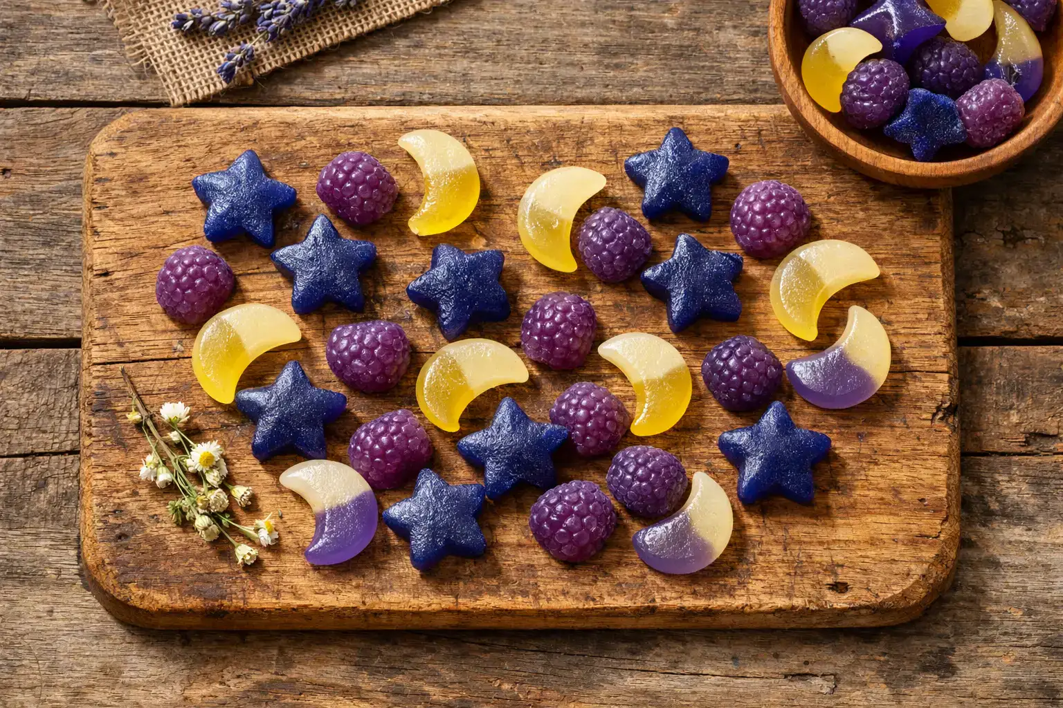 रस्टिक लकड़ी की मेज पर ताज़ी स्लीप सपोर्ट गमी - 2 गमी में 15 कैलोरी