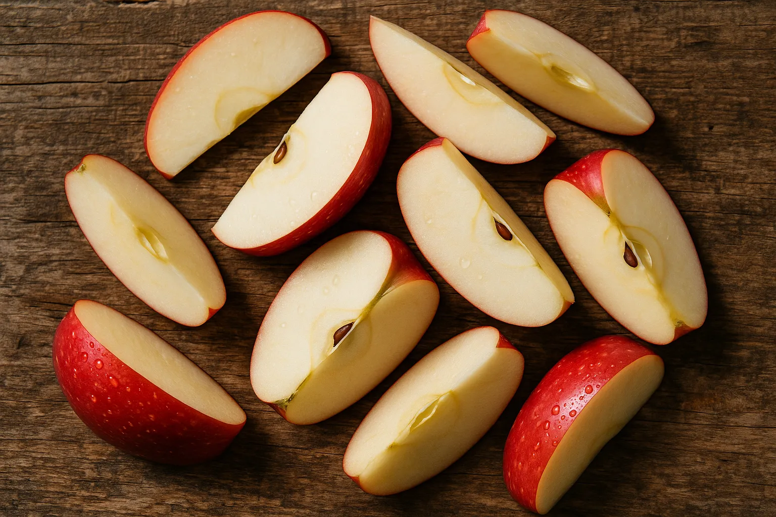 Fresh sliced apple on rustic wooden table - 95 calories per medium apple