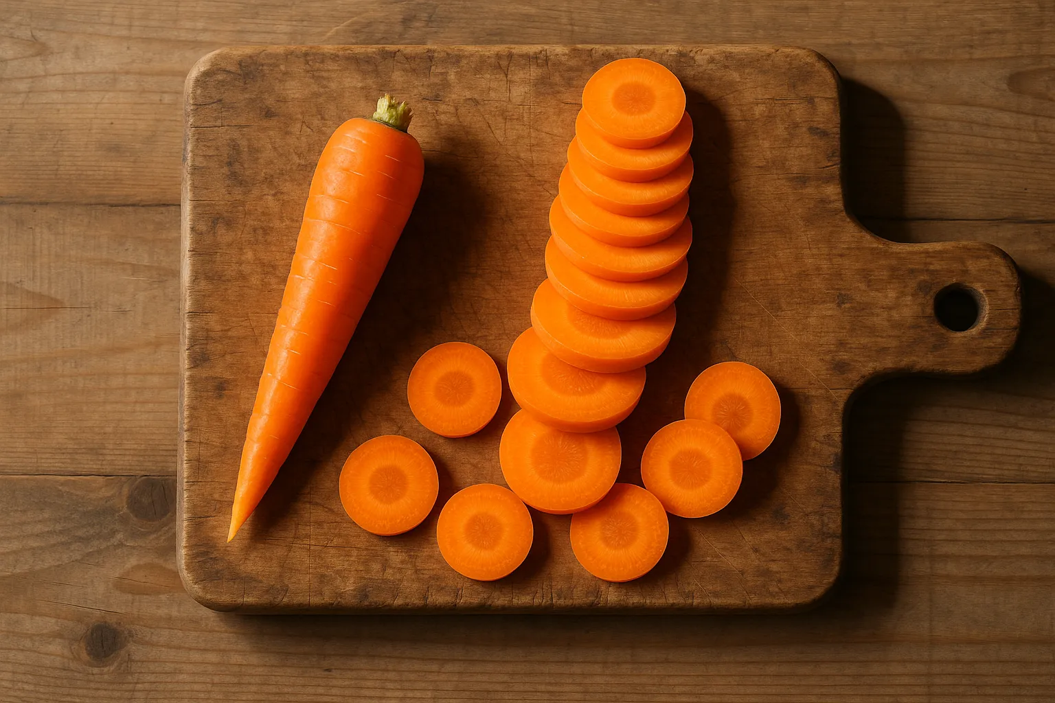 Fresh sliced carrots on rustic wooden table - 41 calories per 100g