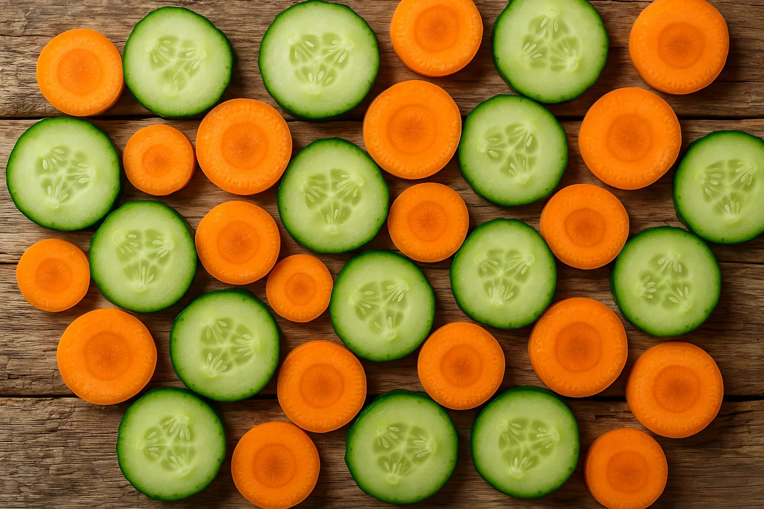 Fresh sliced carrots and cucumbers on rustic wooden table - 29 calories per 100g