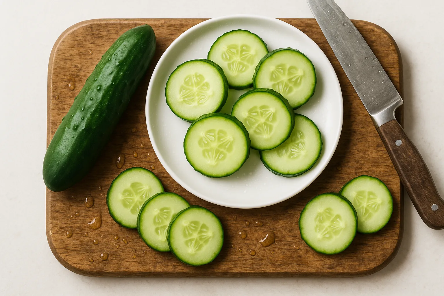 Fresh sliced cucumber on wooden table - 15 calories per 100g