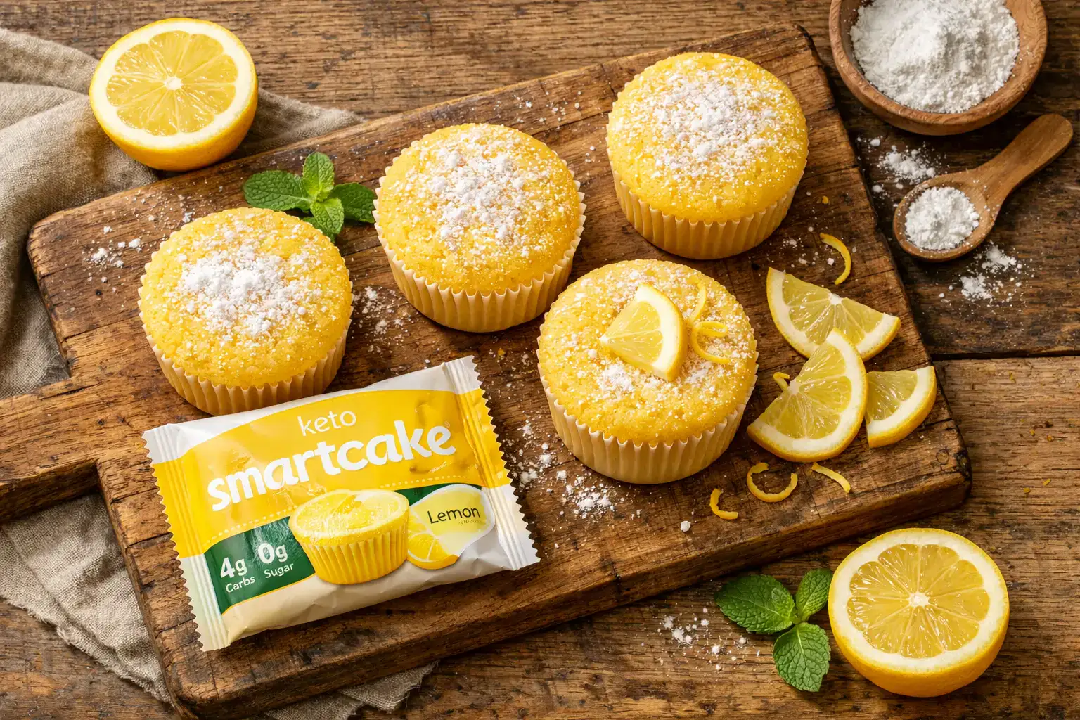 Frischer Smartcakes Lemon auf rustikalem Holztisch – 52 Kalorien pro Kuchen