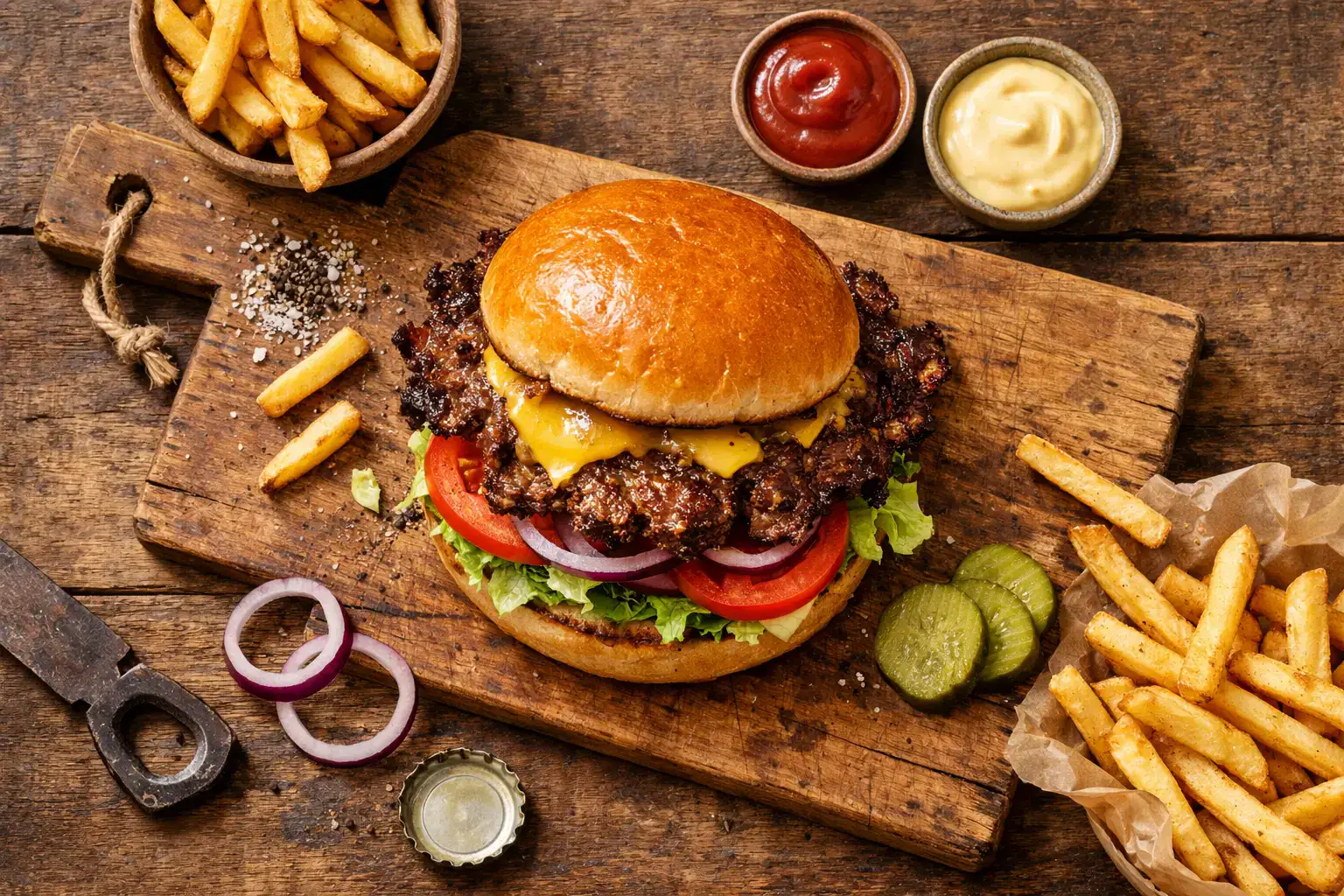 Fresh smash burger on rustic wooden table - 350 calories per patty