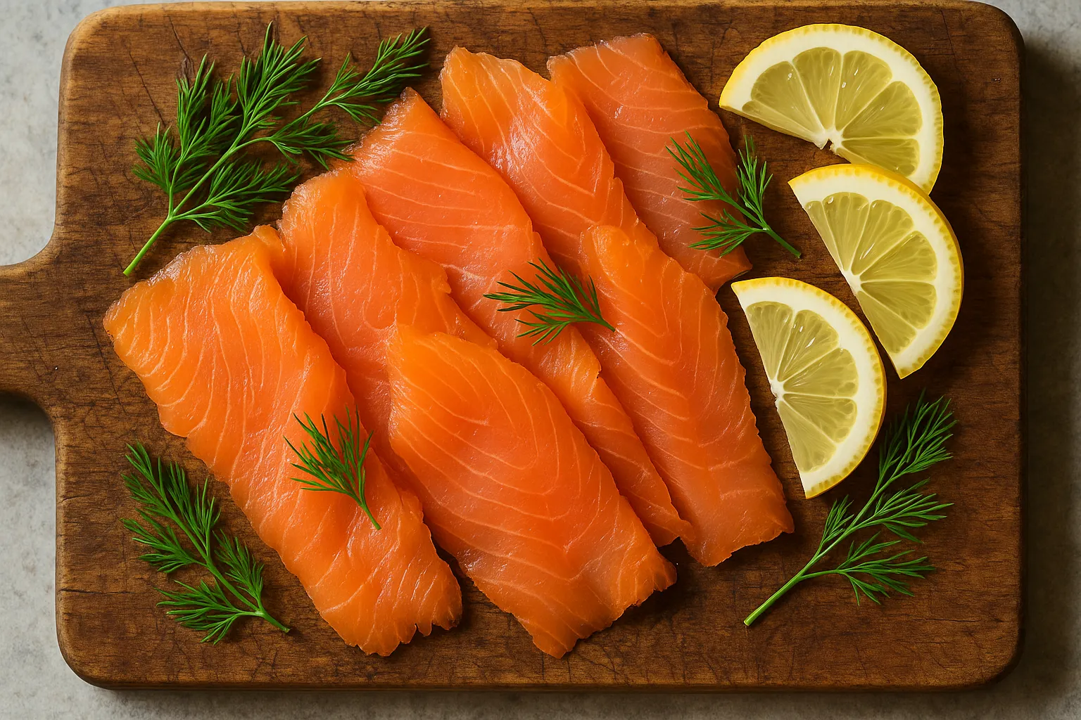 Fresh smoked salmon on rustic wooden table - 117 calories per 100g