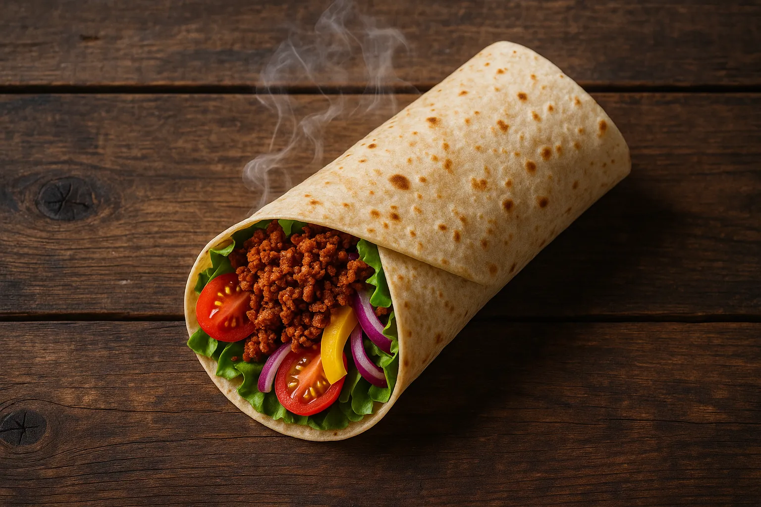 Fresh smoky plant-protein wrap on rustic wooden table - 285 calories per wrap