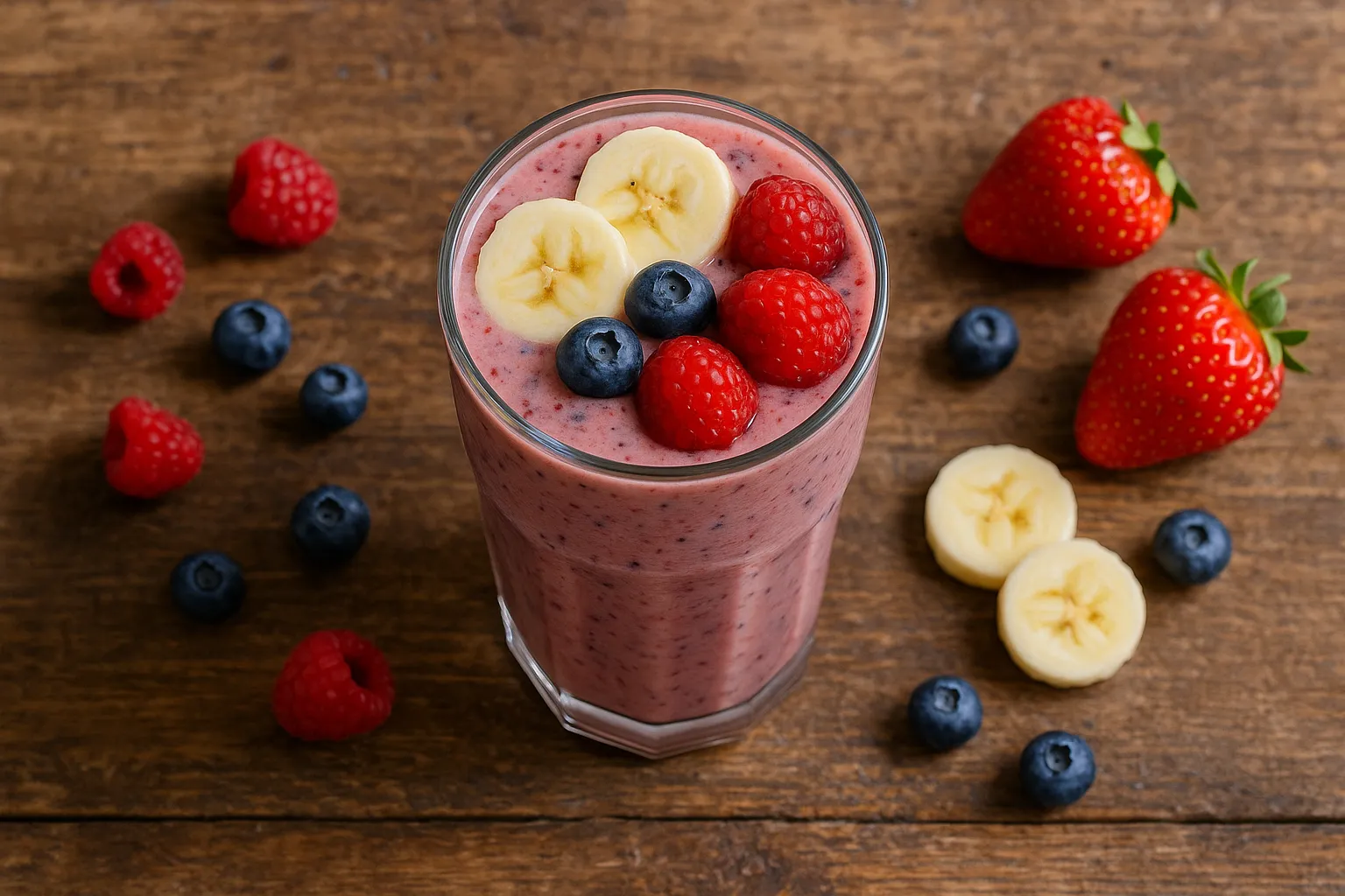 Fresh smoothie on rustic wooden table - 200 calories per serving