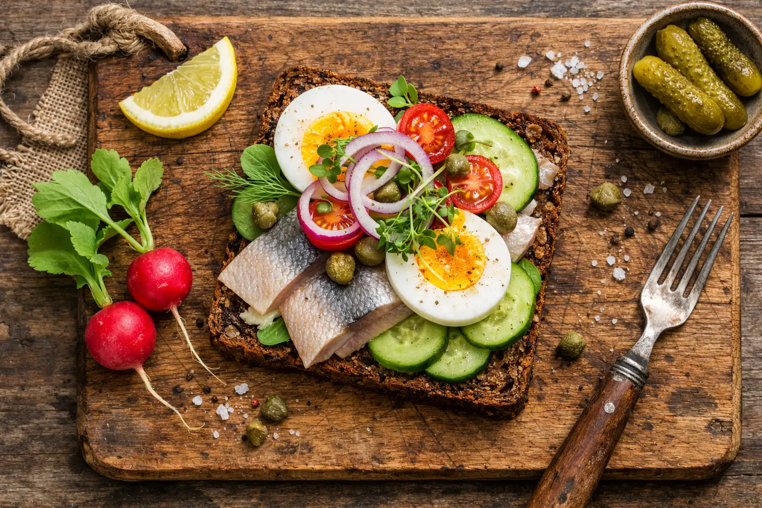 Smørrebrød danés fresco sobre mesa de madera rústica - 280 calorías por pieza