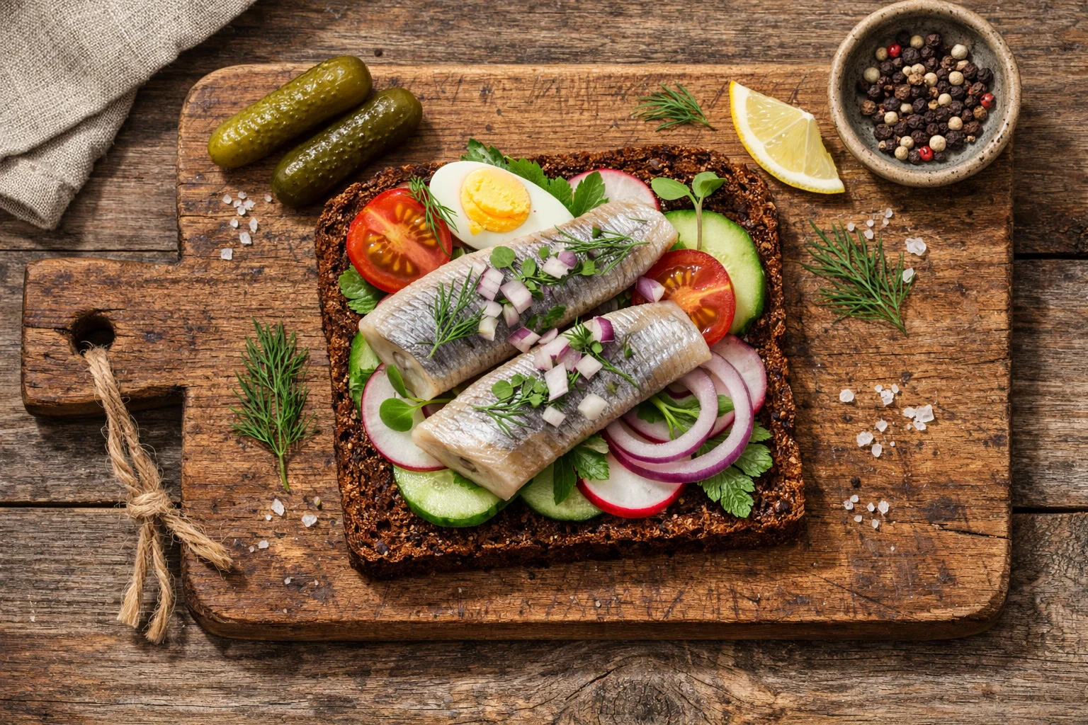 Smørrebrød fresco en mesa de madera rústica - 350 calorías por sándwich