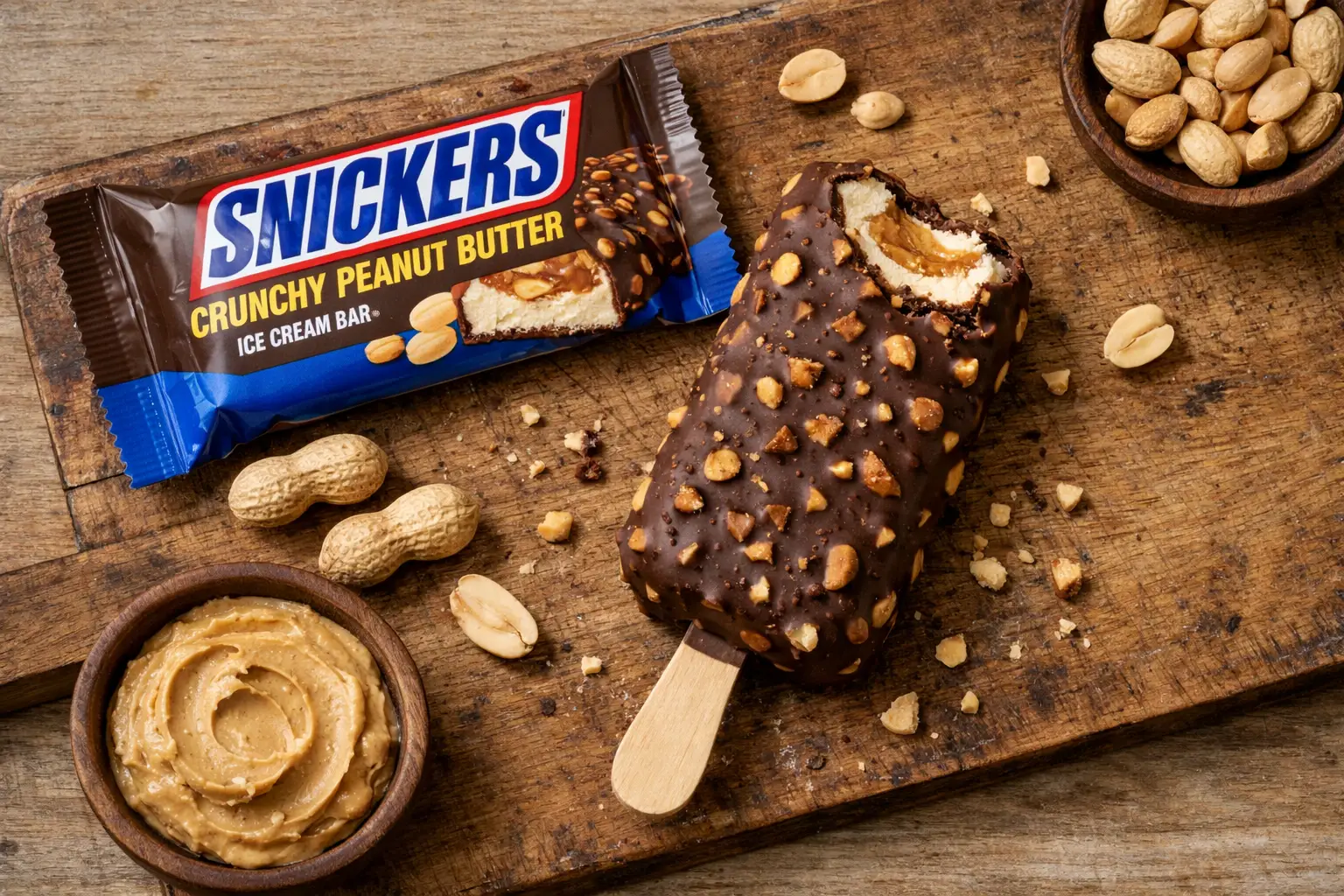 Snickers Crunchy Peanut Butter Eisriegel auf rustikalem Holztisch - 250 Kalorien pro Riegel