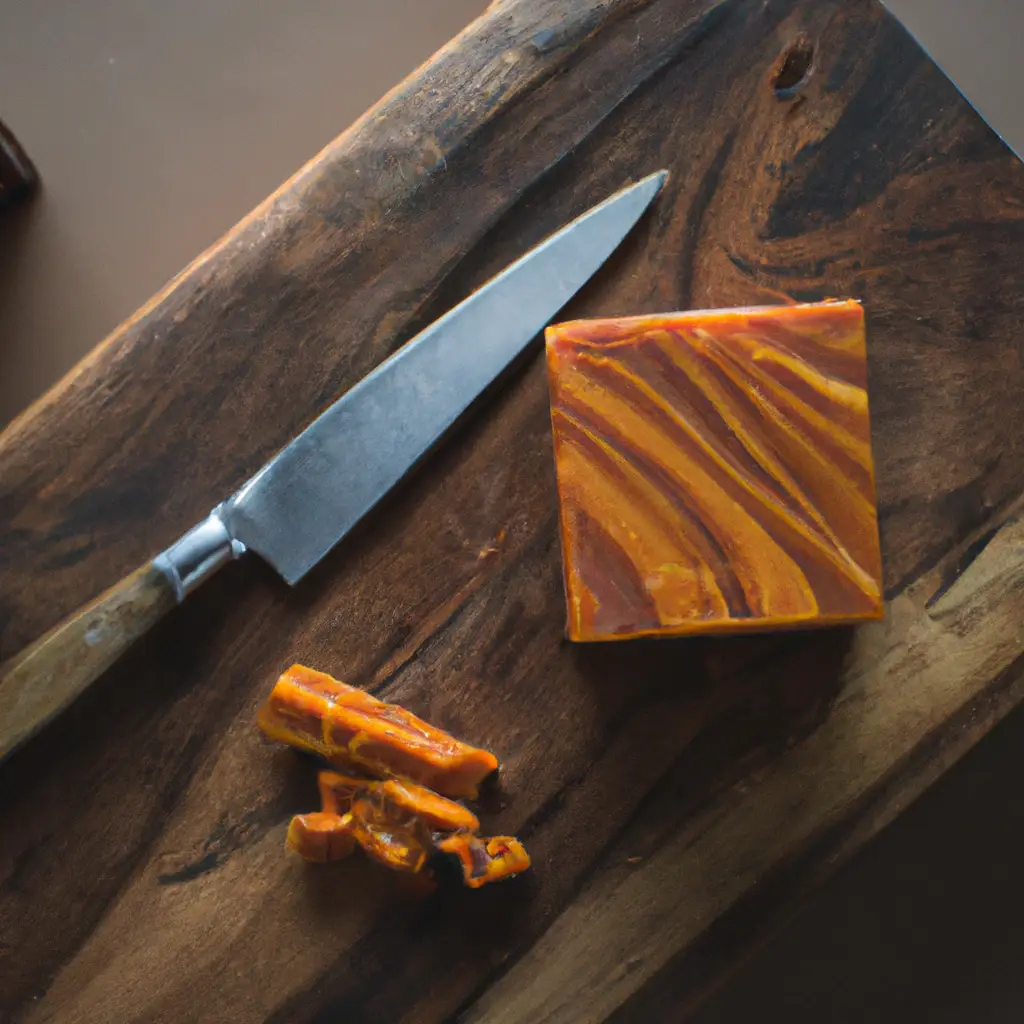 Fresh Snowdonia Amber Mist whisky cheddar on rustic wooden table - 119 calories per 30g slice