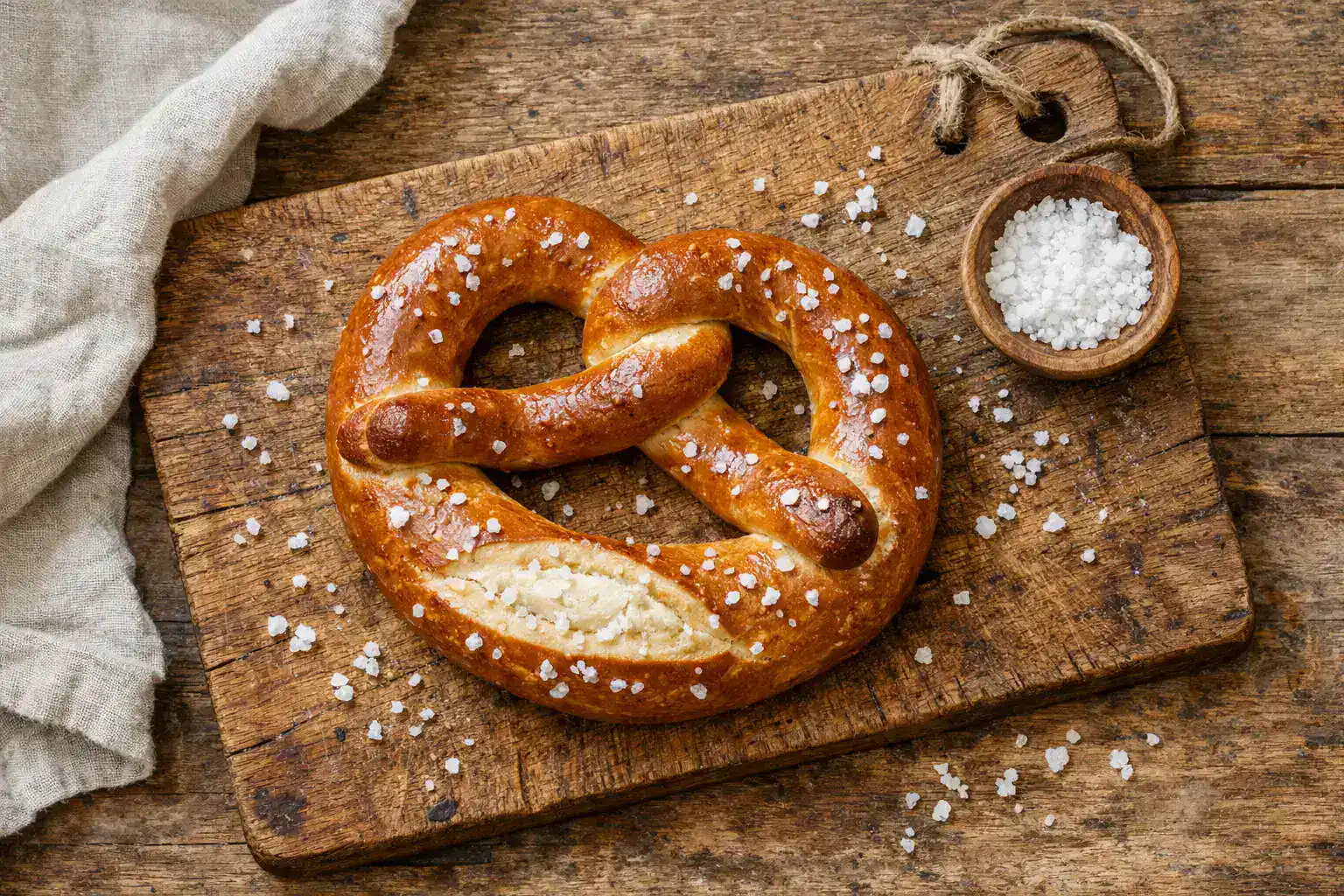 रस्टिक वुडन बोर्ड पर मोटे नमक के साथ ताजा जर्मन सॉफ्ट प्रेट्ज़ेल - प्रति छोटा प्रेट्ज़ेल 210 कैलोरी