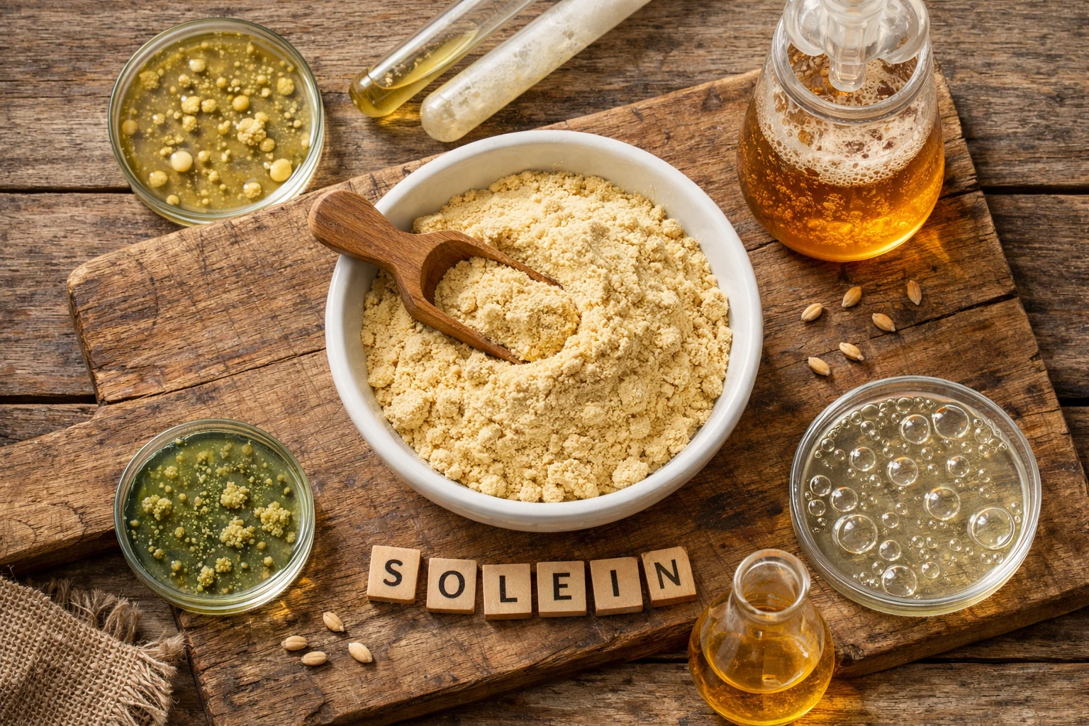 Solein protein powder in bowl - 371 calories per 100g with 78g complete protein