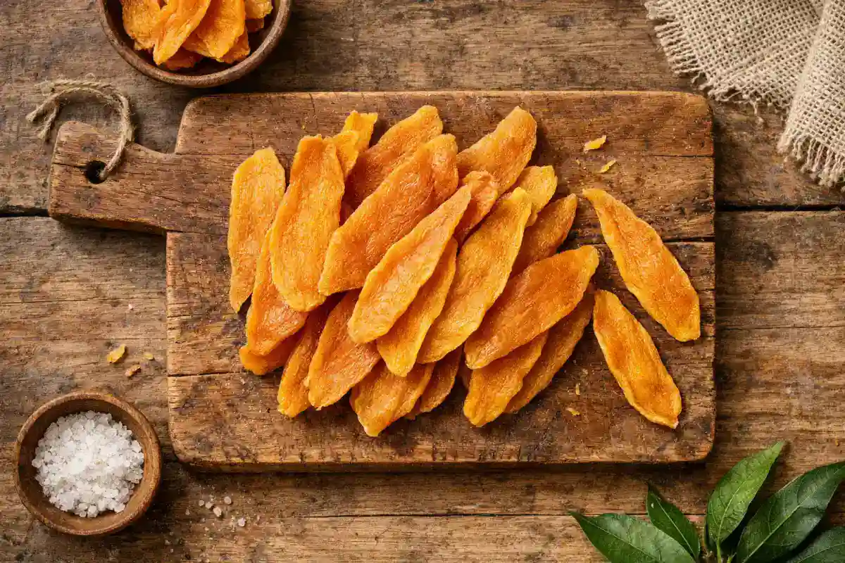 Solely Organic Mango Fruit Jerky strips on rustic wooden table - 80 calories per strip