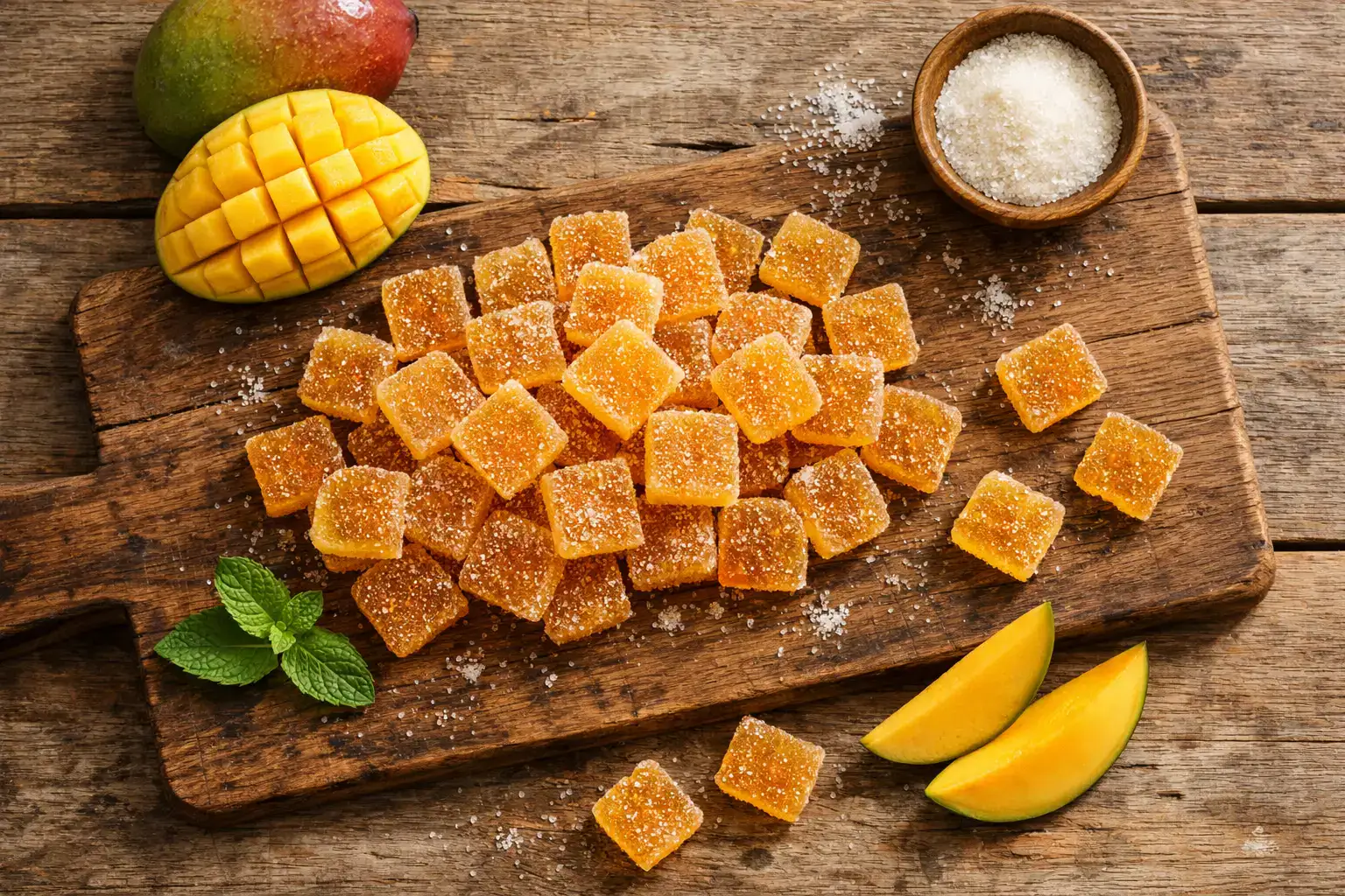 Solely Organic Mango Whole Fruit Gummies on rustic wooden table - 60 calories per bag