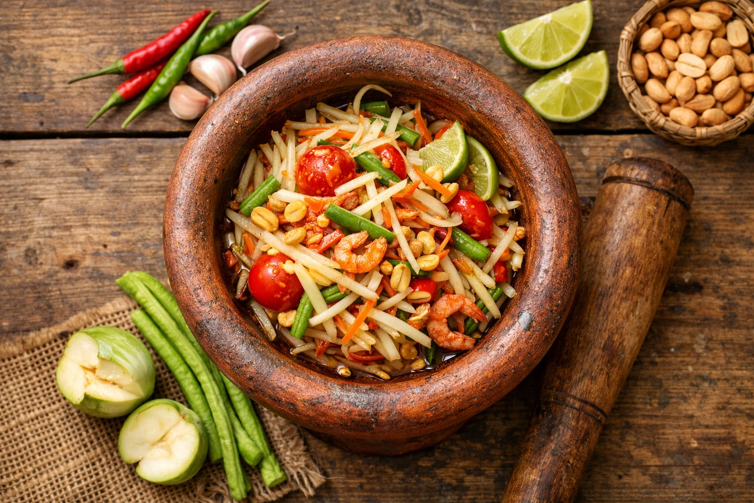 Som Tam fresco ensalada de papaya tailandesa - 120 calorías por porción