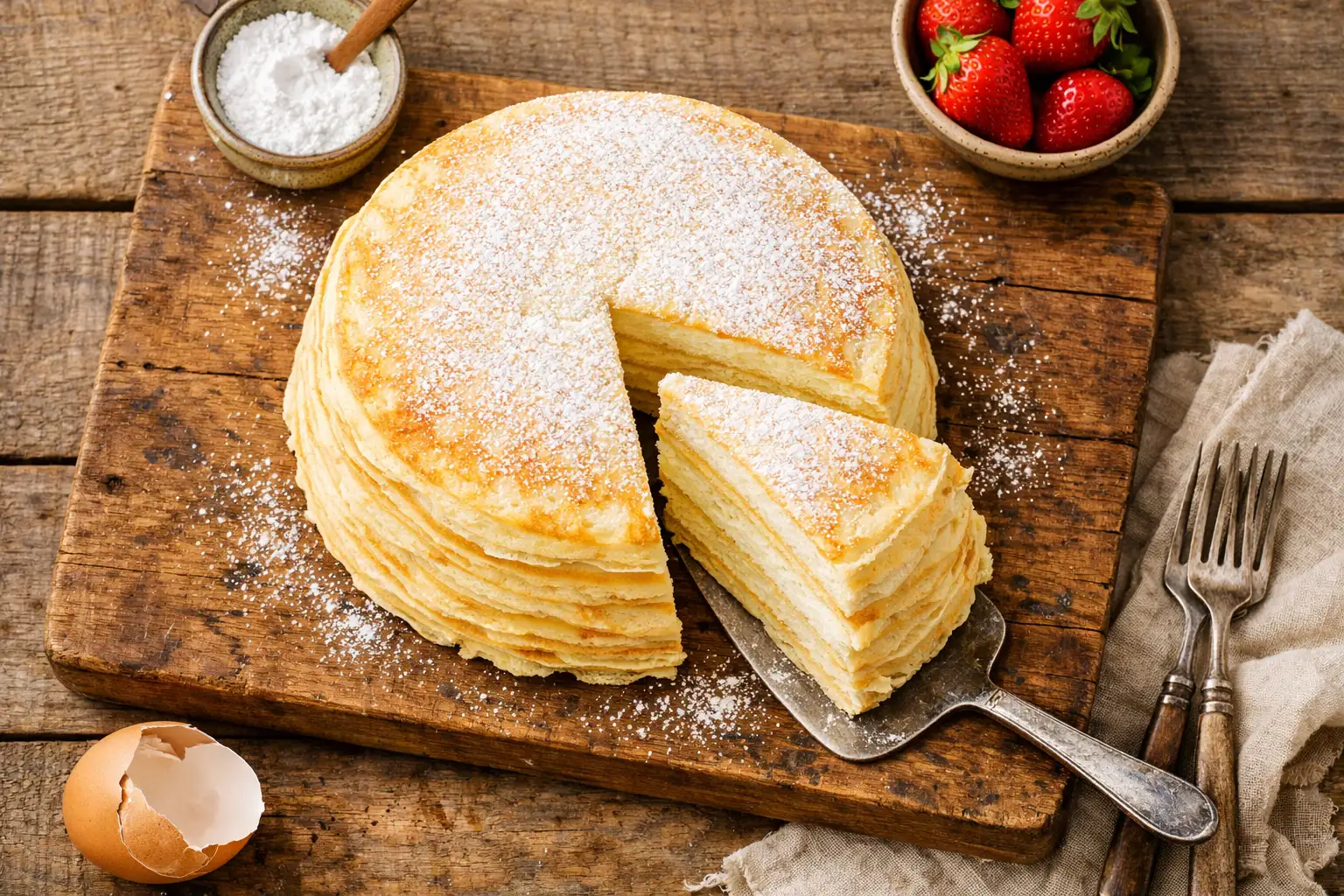 रस्टिक लकड़ी की टेबल पर ताज़ा सूफ़ले क्रेप केक - प्रति स्लाइस 260 कैलोरी