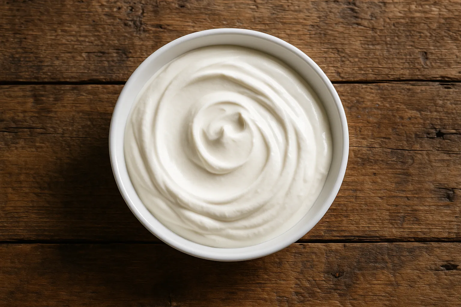 Fresh sour cream on rustic wooden table - 58 calories per 2 tablespoons