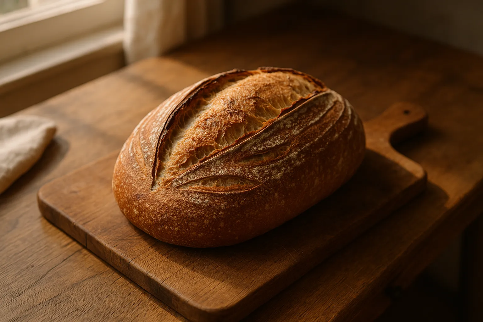 Fresh sourdough bread on rustic wooden table - 145 calories per slice