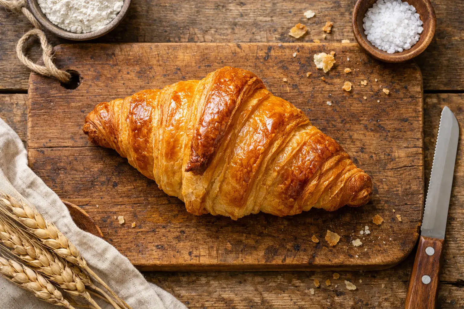 Fresh sourdough croissant on rustic wooden table - 290 calories per piece