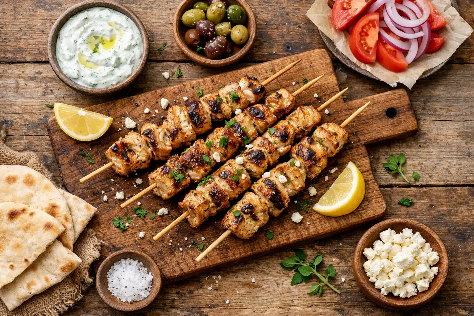 Brochettes de souvlaki de poulet grillé frais sur table en bois rustique - 260 calories par portion