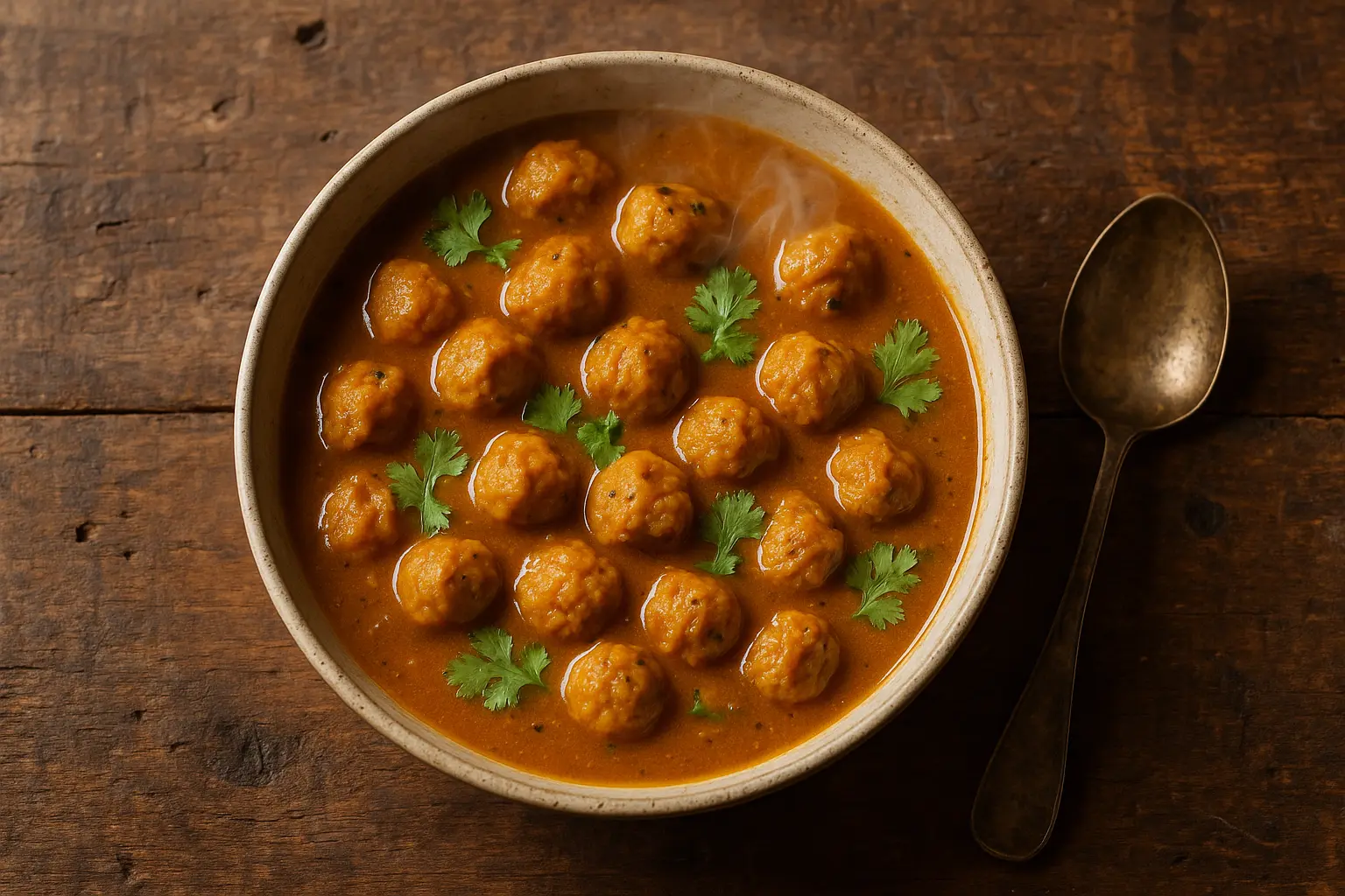 Steaming bowl of soya chunks gravy on rustic wooden table - 150 calories per cup
