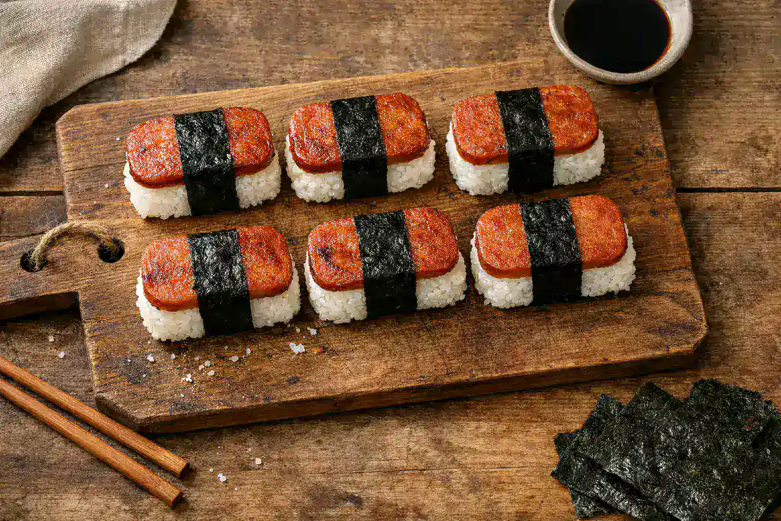 Spam musubi fresco en mesa de madera rústica - 253 calorías por pieza