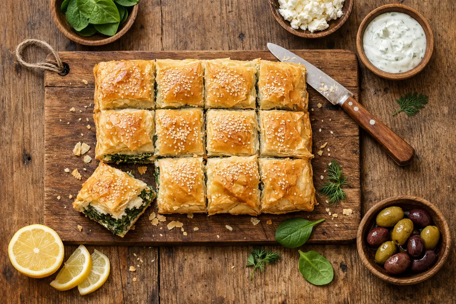 ताज़ा स्पैनाकोपिटा ग्रीक स्पिनच पाई लकड़ी की टेबल पर - 263 कैलोरी प्रति पीस