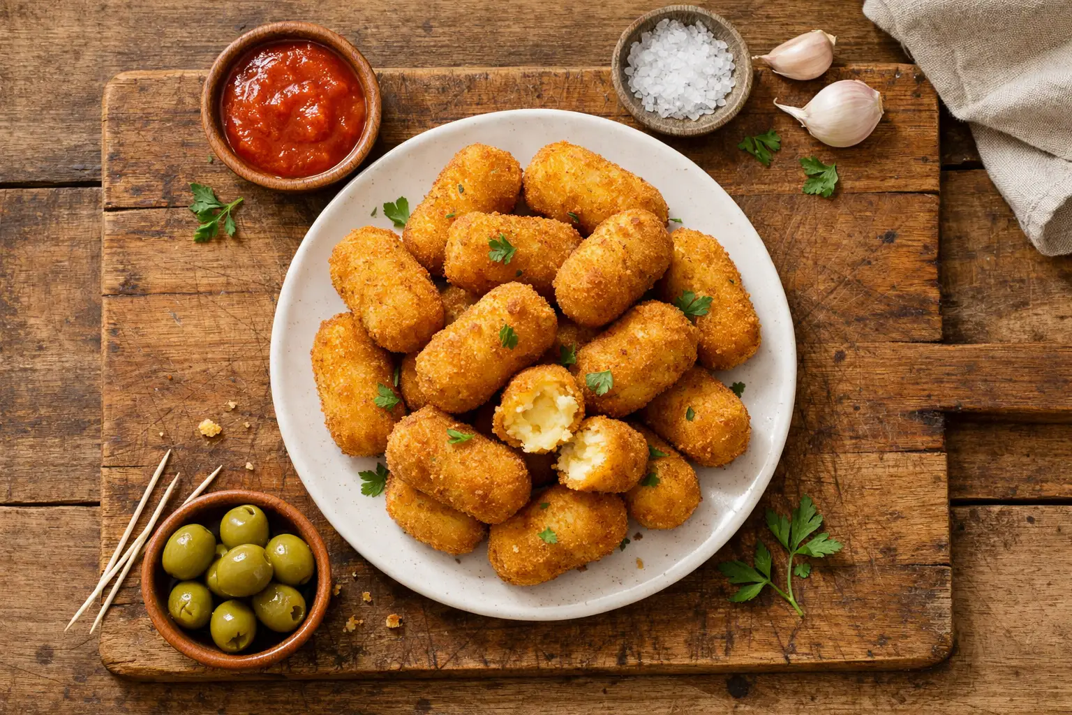 Croquetas de patata españolas frescas sobre mesa de madera rústica - 88 calorías por croqueta