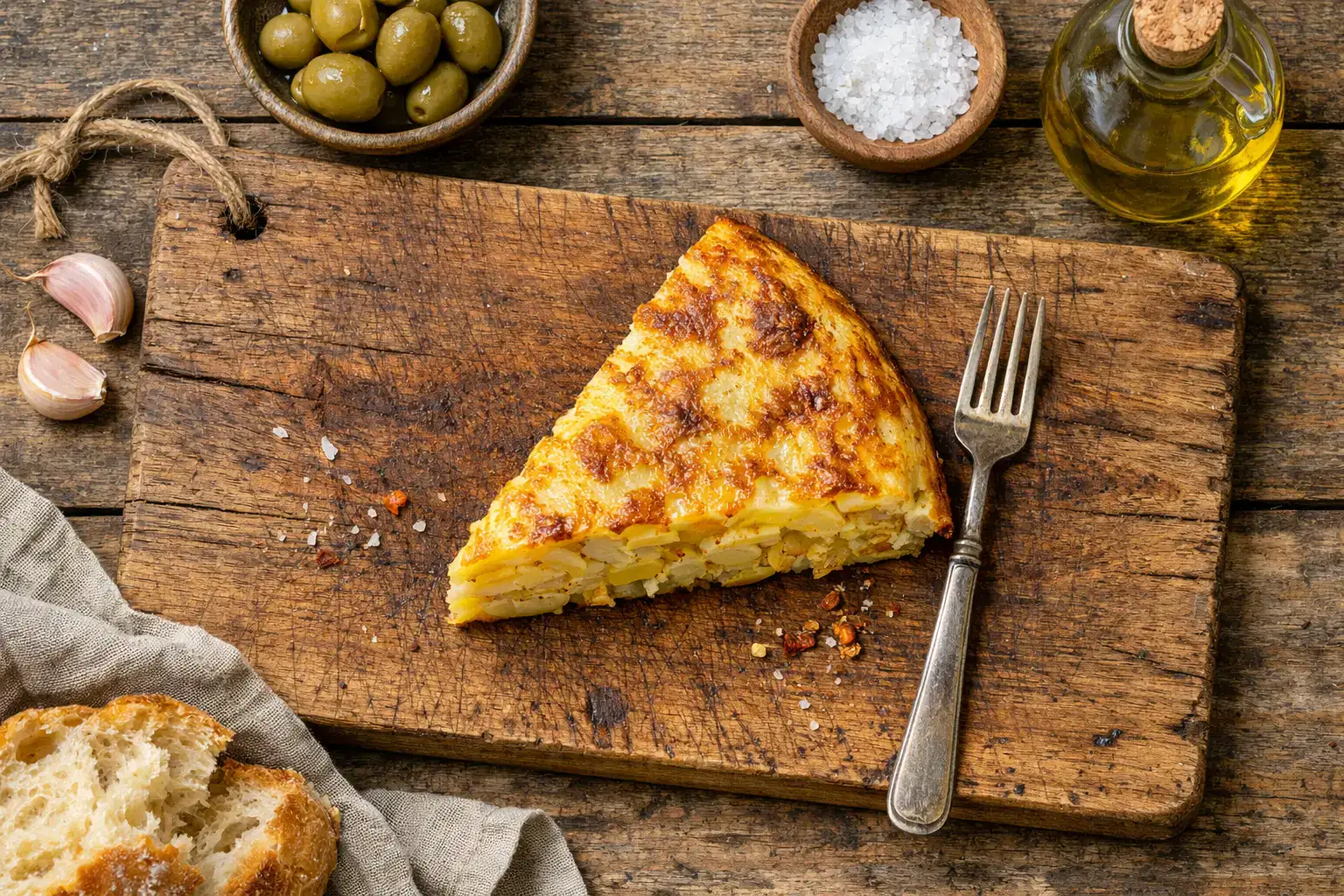 Frisches Stück spanische Tortilla de Patatas auf rustikalem Holztisch - 189 Kalorien pro 150-g-Stück