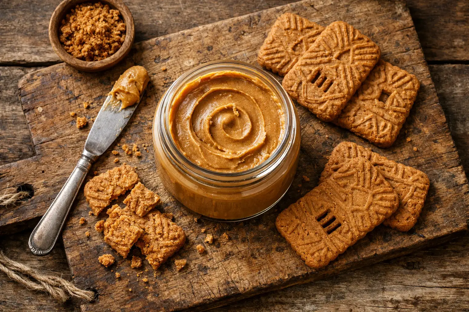 Fresh speculoos cookie butter in jar on rustic wooden table - 80 calories per tablespoon