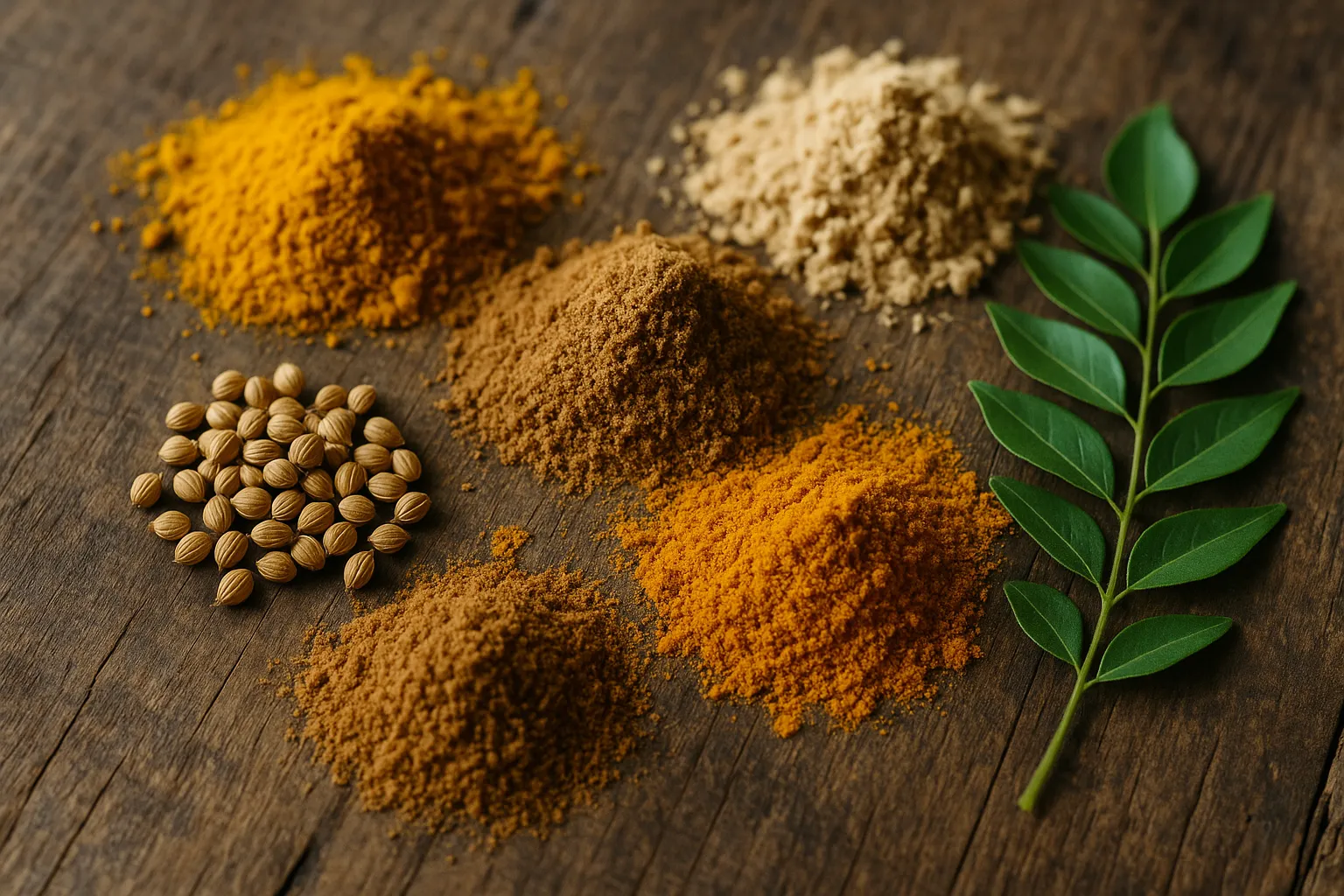 Fresh spices and herbs on rustic wooden table - 6 calories per teaspoon