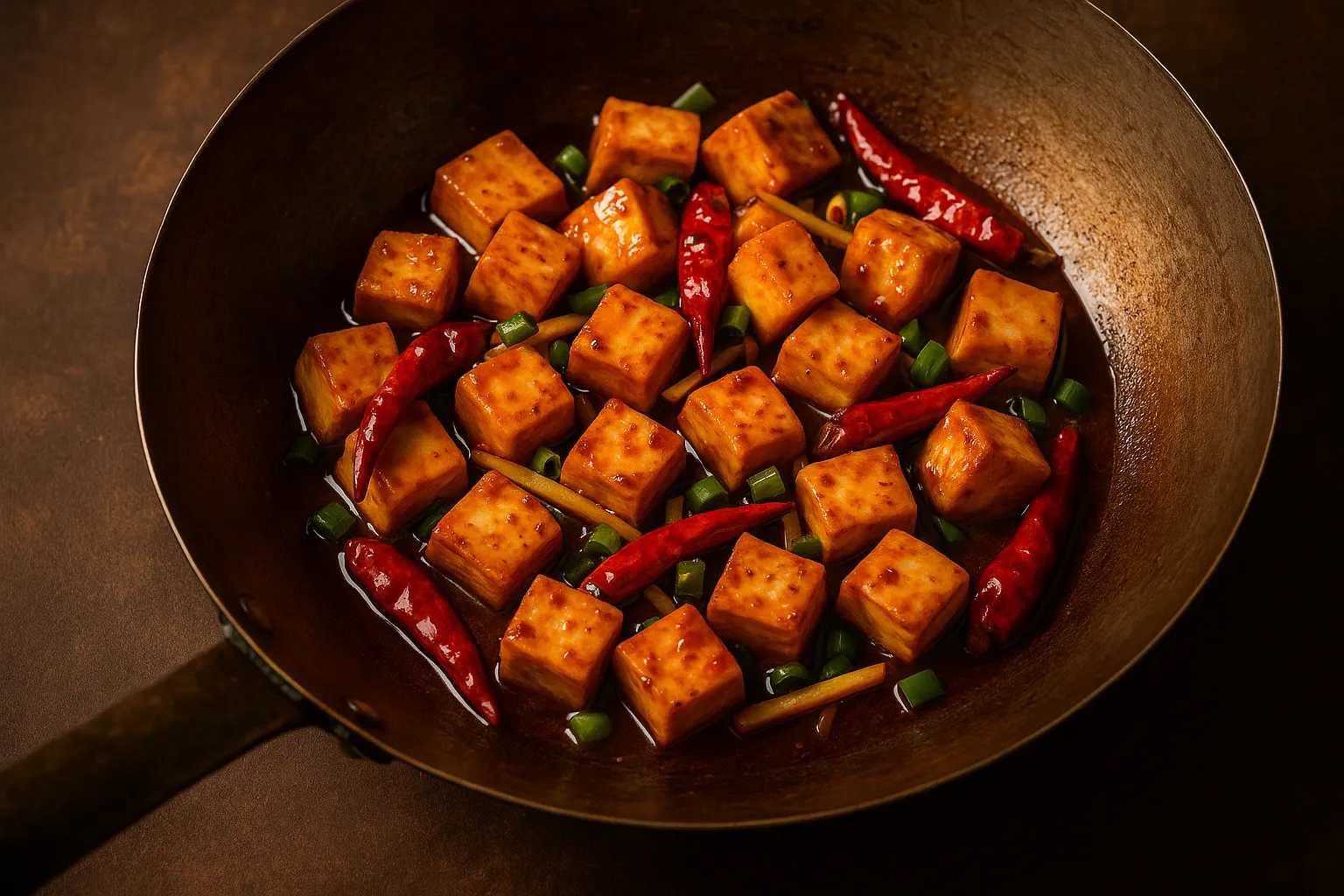 Spicy tofu stir-fry in rustic wok - 80 calories per 100g serving