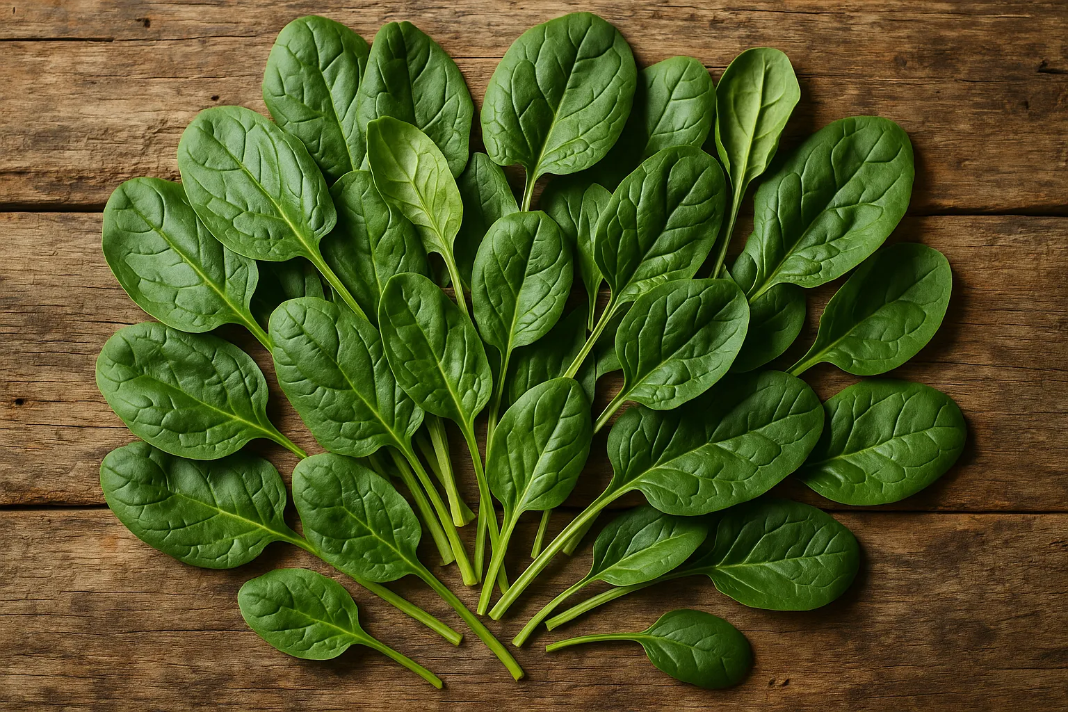Fresh spinach on rustic wooden table - 23 calories per 100g