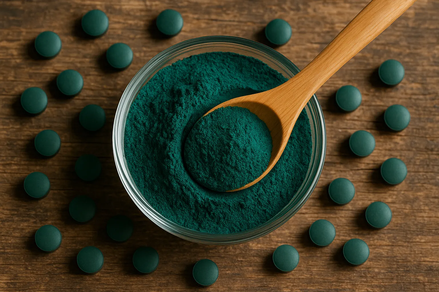 Fresh spirulina powder in glass bowl on wooden table - 9 calories per teaspoon