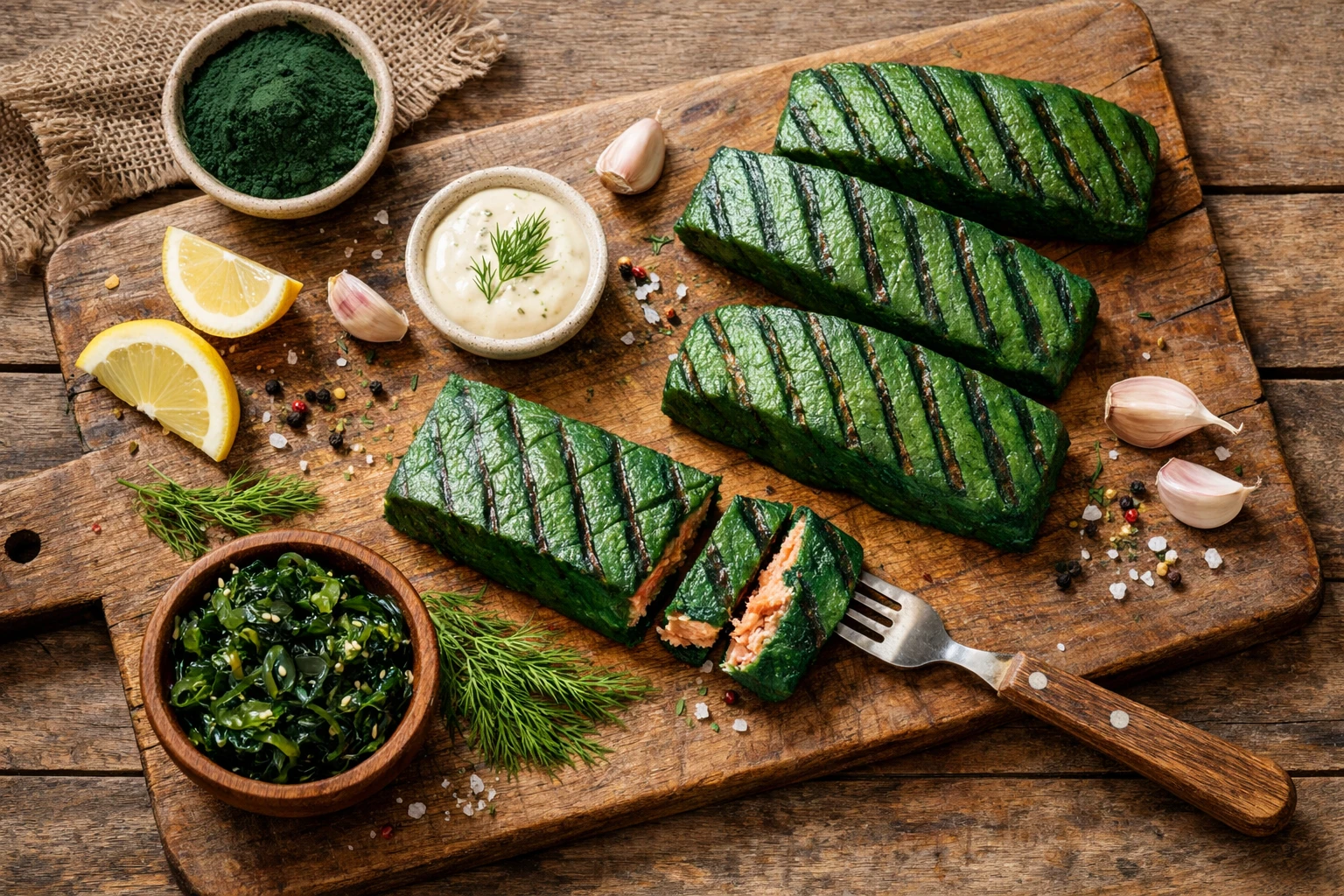 Fresh spirulina salmon on rustic wooden table - sustainable plant-based seafood