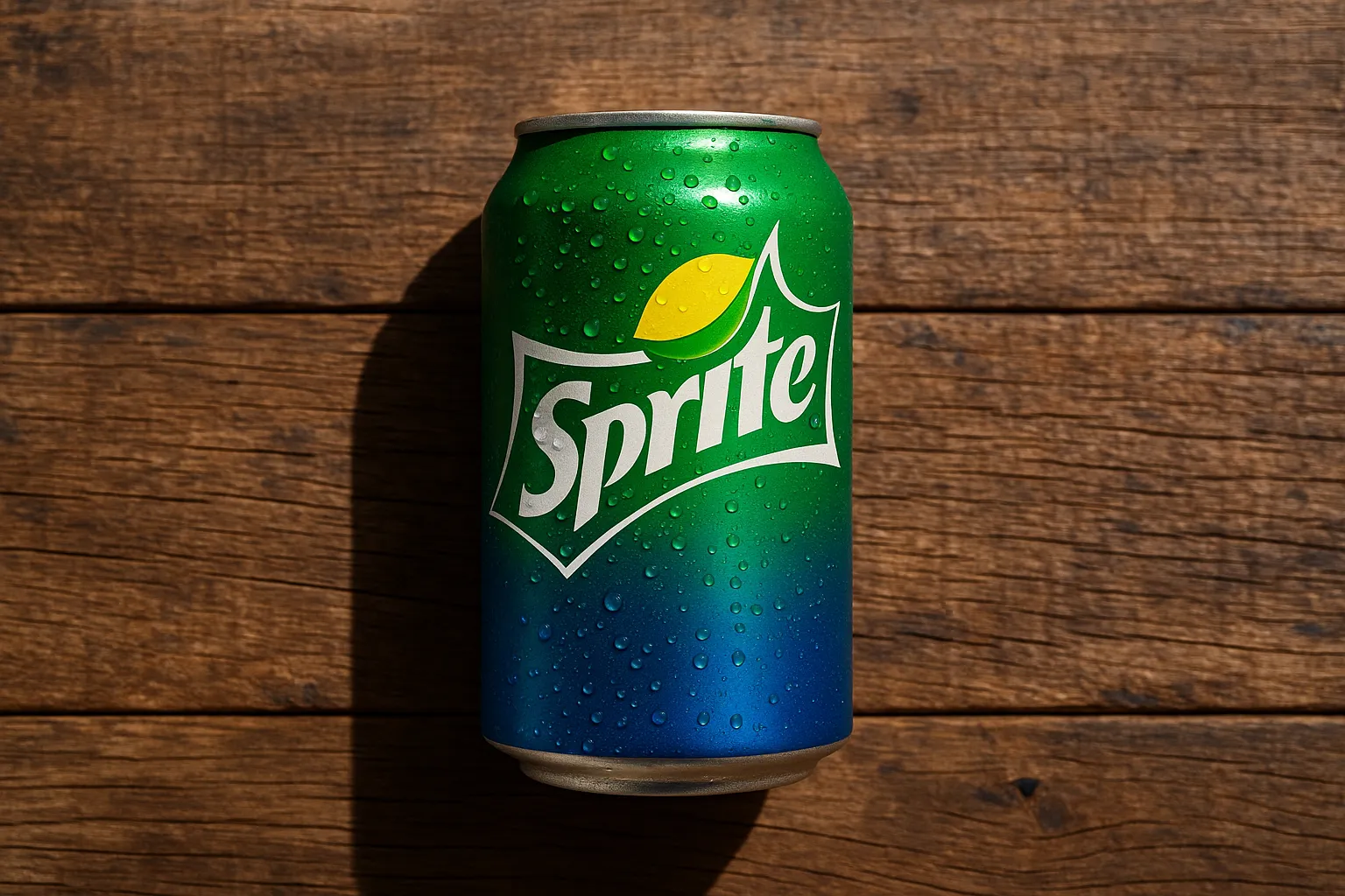 Fresh Sprite can on rustic wooden table - 140 calories per 12 oz can