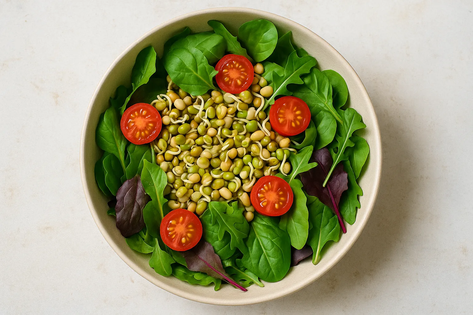 Fresh sprouted beans salad with greens and vegetables - 95 calories, 8g protein