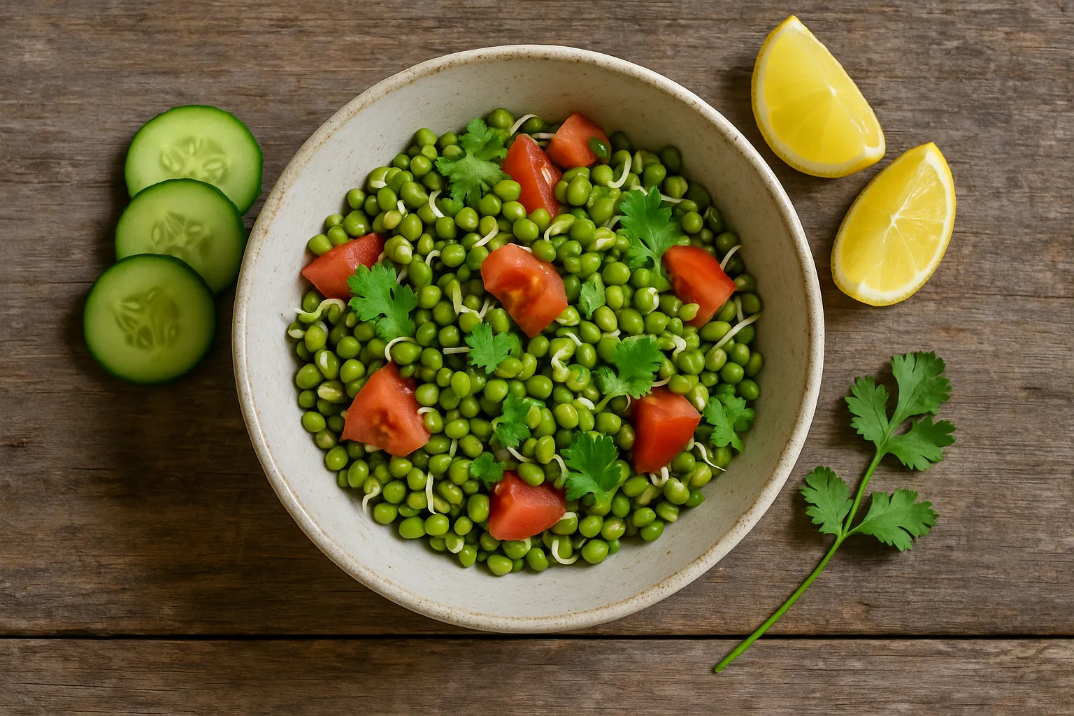 Ensalada fresca de moong germinado en mesa rústica de madera - 90 calorías por 100g