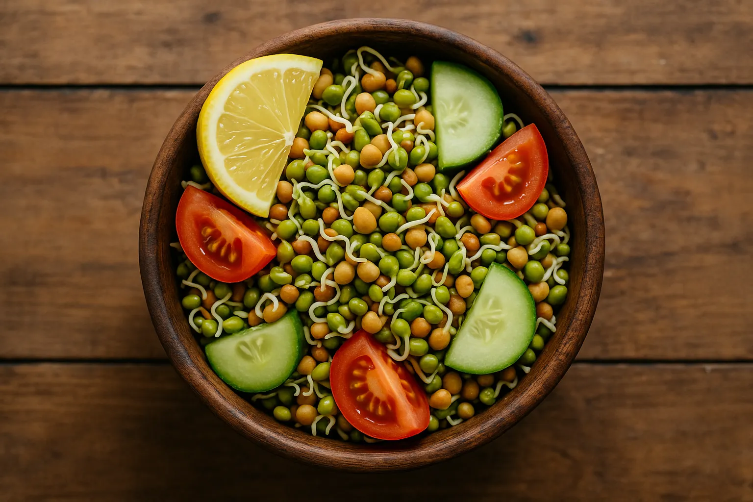 Fresh sprouted salad on rustic wooden table - 33 calories per 100g