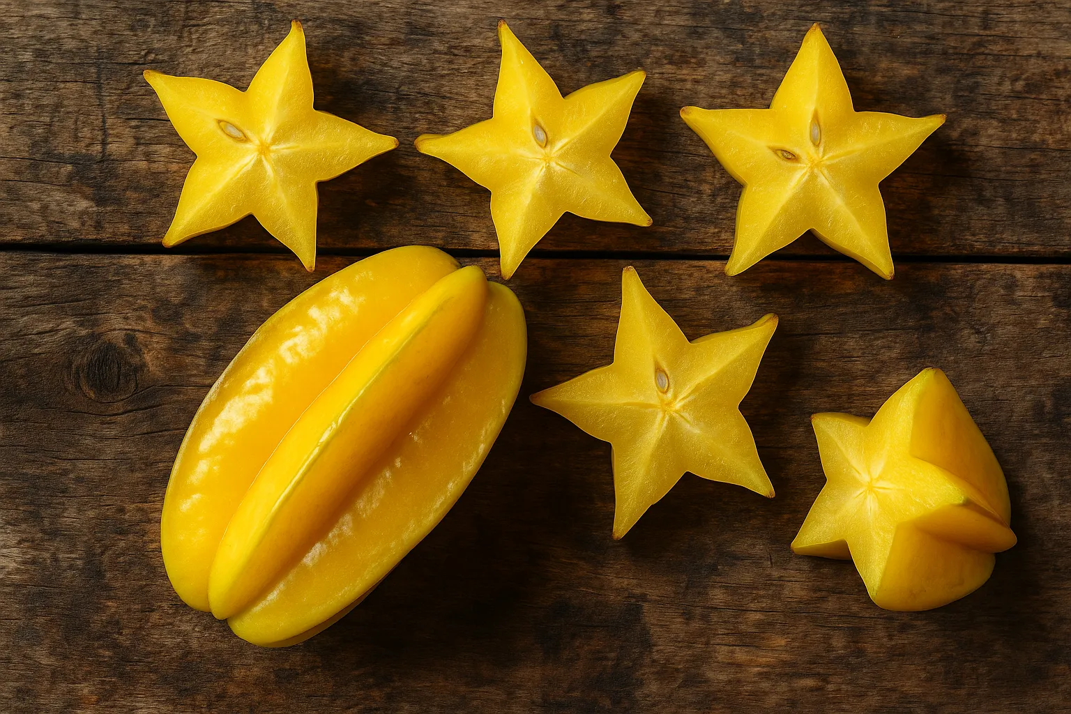 Fresh star fruit on rustic wooden table - 28 calories per fruit