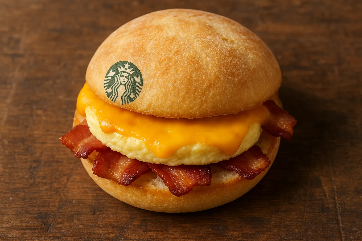 Sándwich de Bacon, Huevo y Queso de Starbucks fresco en mesa de madera rústica - 450 calorías por sándwich
