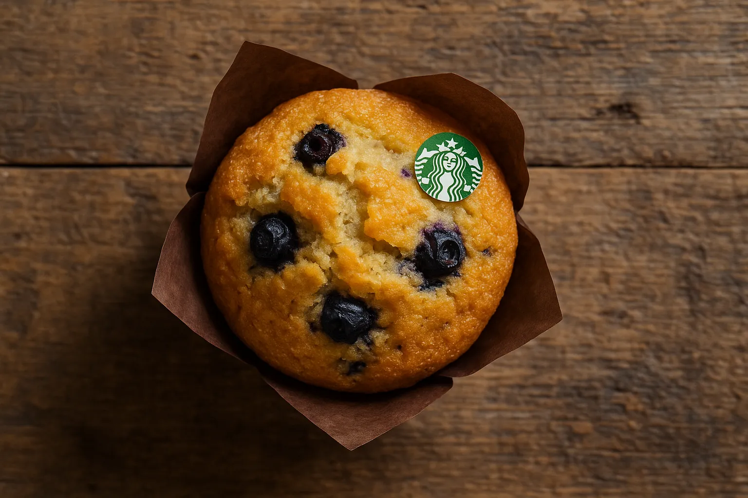 Fresh Starbucks blueberry muffin on rustic wooden table - 330 calories per muffin