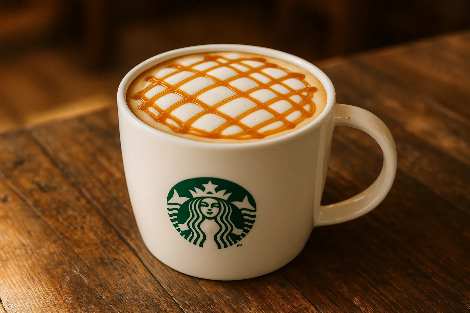 Fresh Starbucks Caramel Macchiato on rustic wooden table - 250 calories per Grande