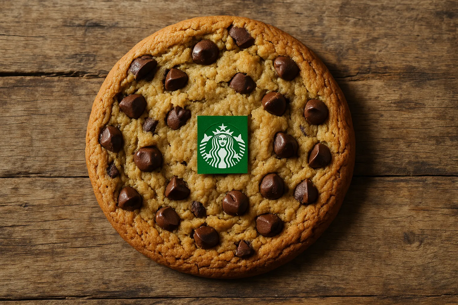 Fresh Starbucks chocolate chip cookie on rustic wooden table - 370 calories per cookie