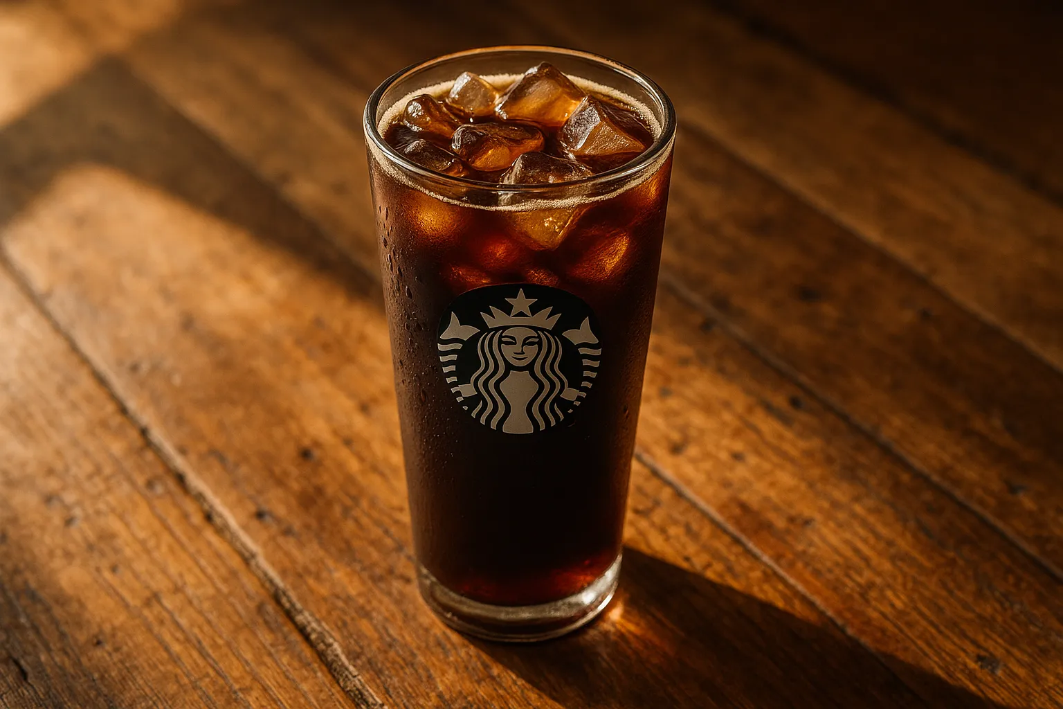 Fresh Starbucks cold brew coffee on rustic wooden table - 5 calories per grande