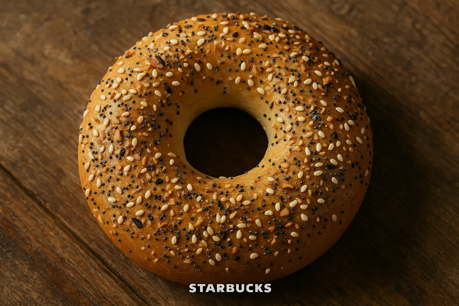 Fresh Starbucks Everything Bagel with sesame and poppy seeds on rustic wooden table - 290 calories per bagel