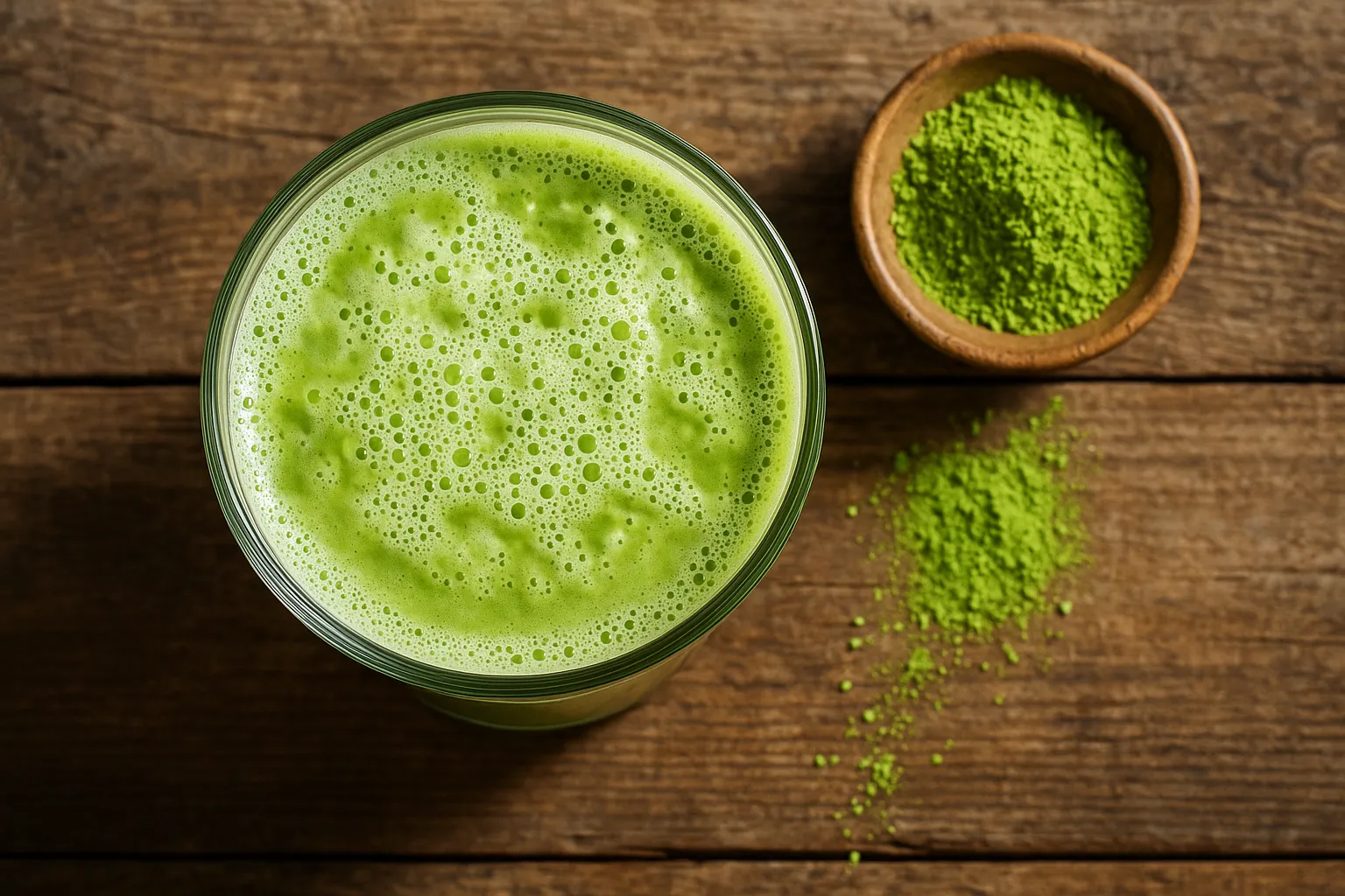 Fresh Starbucks Green Tea Latte on rustic wooden table - 240 calories per grande