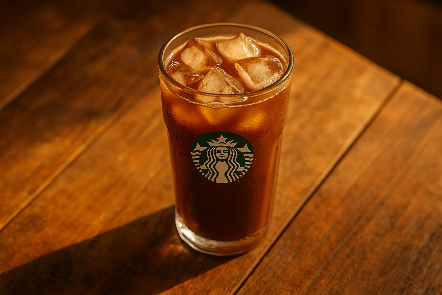 Fresh Starbucks iced coffee on rustic wooden table - 5 calories per grande