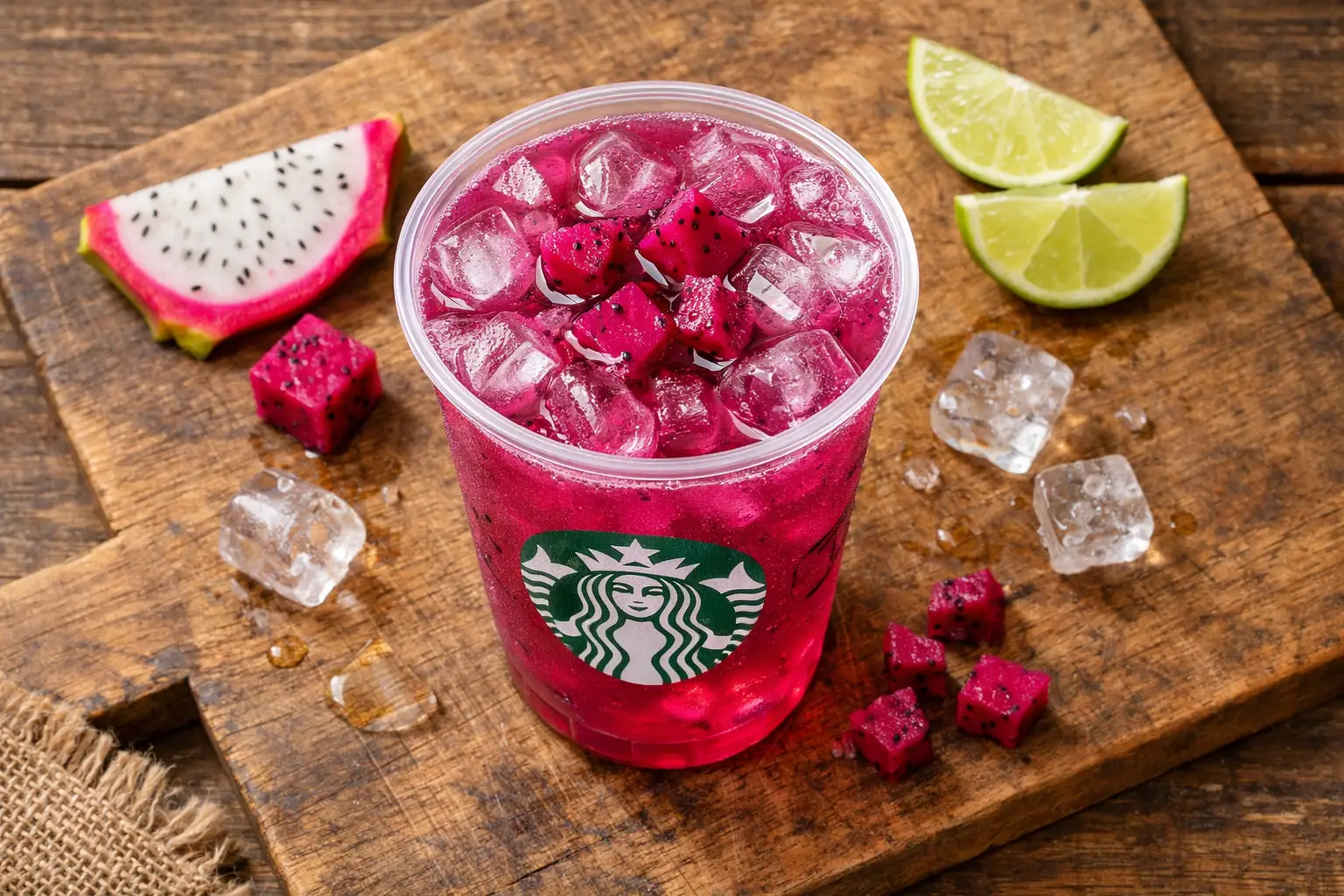 Fresh Starbucks Mango Dragonfruit Refresher on rustic wooden table - 90 calories per Grande